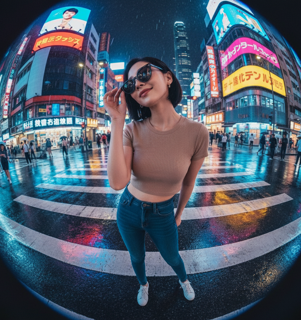 A confident young woman stands at the center of a rain-soaked city crosswalk at night, looking up with a playful smile while holding her sunglasses near her face. Shot from an ultra-wide fisheye POV, the perspective makes her appear larger-than-life against the dramatic urban backdrop. Neon reflections from shop signs and streetlights shimmer on the wet asphalt, creating a moody cyber-street ambience. She has short black hair, natural makeup, and a stylish casual outfit—a beige crop top, fitted jeans, and white sneakers. The atmosphere is cinematic and vibrant, with cool blue and warm red tones blending in the rain-soaked street. High-resolution, hyper-realistic lighting, depth, and detail. Urban night photography aesthetic, 8K, crisp, immersive, dramatic street mood.