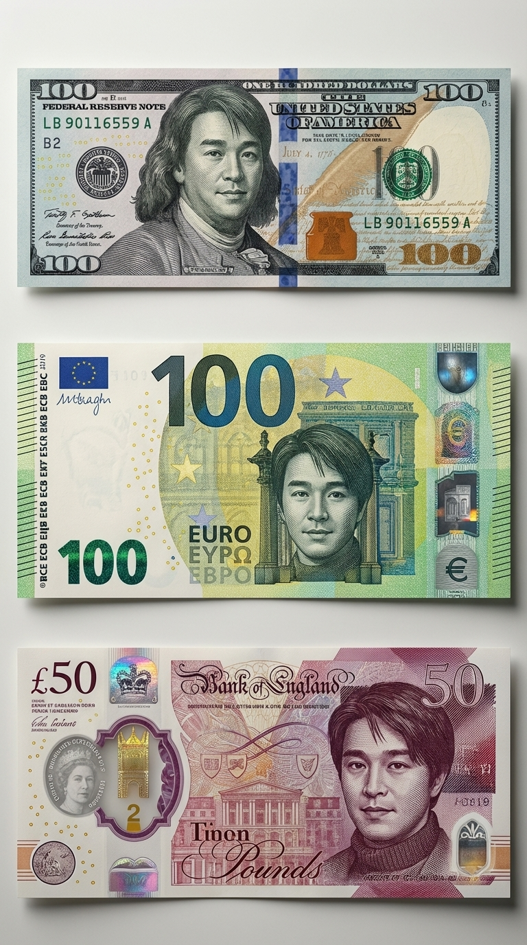 Create a hyper-realistic promo image using my uploaded photo.  
Keep my real face exactly as it is (no changes to eyes, mouth, jawline, or skin).  
Place my portrait seamlessly inside the design of the US 100-dollar bill, maintaining the texture and engraving lines.  
Add two more versions:  
- One on the Euro (€100) banknote  
- One on the British Pound (£50) banknote  
Ensure the portrait blends naturally with the currency engraving style, with deep shadows, embossed effect, and authentic banknote detailing.  
Ultra HD, crisp details, cinematic lighting, clean background, premium quality