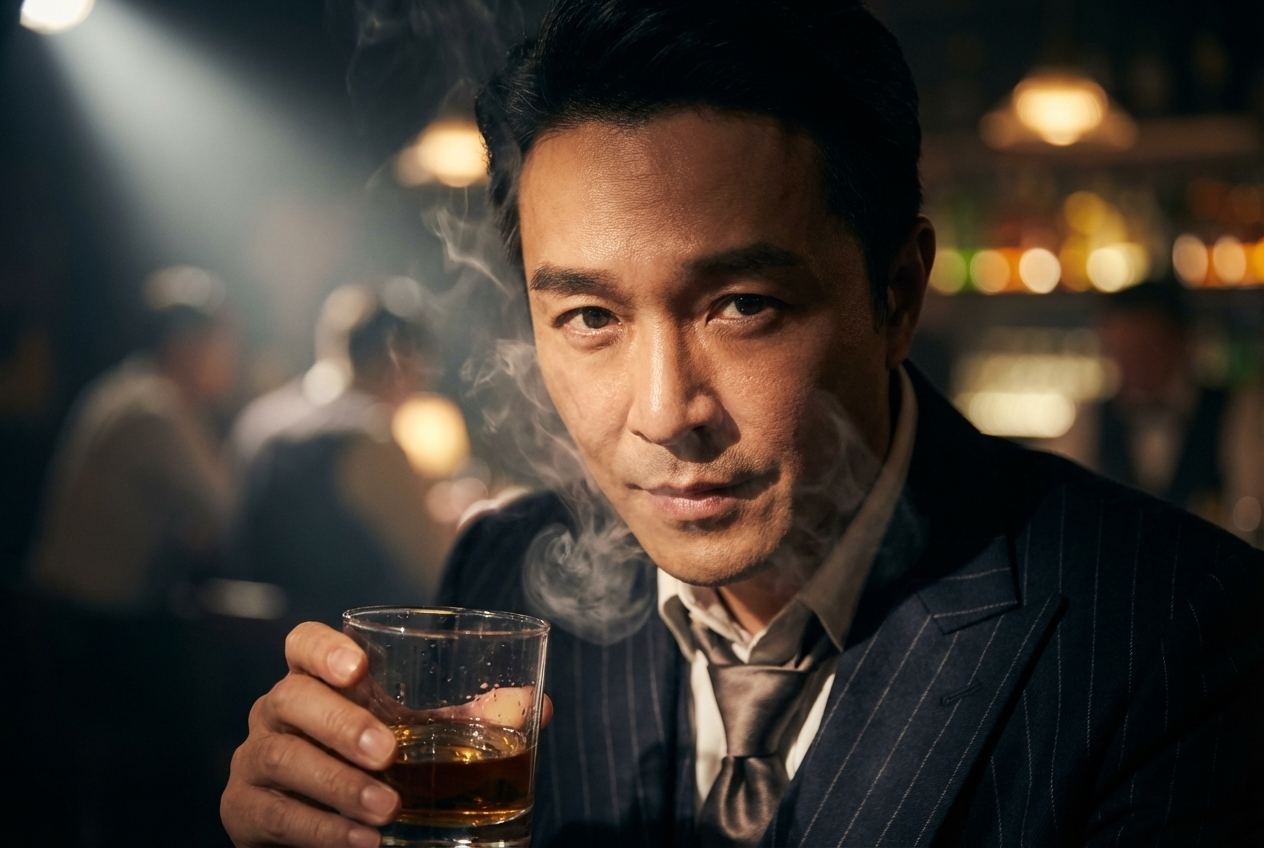 An intense, close-up portrait set in a smoky, underground jazz club or speakeasy. The subject is the 'Boss' of an information network, hiding in plain sight. The scene is dark, defined by heavy shadows and cigarette smoke swirling in the air. A single spotlight hits the subject from the side, creating a classic 'Rembrandt triangle' on the cheek of [exactly face uploaded image 100%]. He wears a sharp, pinstripe suit with a silk tie, loosened at the collar. He holds a glass of amber whiskey, the condensation rendered in 8K detail. The camera uses a macro 100mm lens, focusing entirely on the eyes and the texture of the skin, blurring out the background patrons into abstract shapes. The mood is conspiratorial, sophisticated, and deeply atmospheric.
