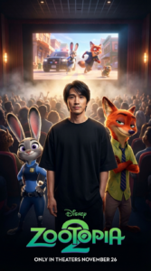 Create a photorealistic movie-poster image for Zootopia 2. The scene shows a young Asian man and an oversized black shirt standing inside a crowded, dimly lit cinema. He’s flanked by Judy Hopps in full police uniform and Nick Wilde, both rendered in their official Disney CGI style. Capture the shot from a low angle so the characters feel larger than life. The cinema screen behind them is glowing with an intense action scene from the film. Let the light from the screen spill across their faces and clothing to create dramatic high contrast. The environment should feel alive with background silhouettes, soft haze, and the warm ambience of a packed theatre. Style the composition like an official Disney promotional poster: epic layout, sharp detail, high resolution, balanced framing, and clean edges. The man and the cinema should be fully photorealistic, while Judy and Nick retain their signature animated look.
At the bottom, include:
• The Disney logo
• The title ZOOTOPIA 2 in bold green and white
• The release line ONLY IN THEATERS NOVEMBER 26 Poster tone: cinematic, polished, high-end theatrical marketing.