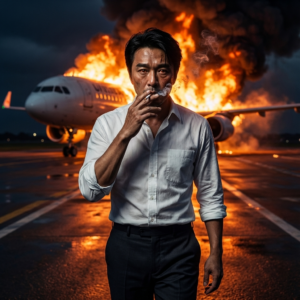 {
  "image_generation_request": {
    "prompt": "Ultra-realistic portrait of a man walking toward the camera on an airport runway at night He wears a white long-sleeve shirt with sleeves rolled up and dress pants, shoes. The camera is very close, capturing his face sharply - textures of skin, smoke from his lips, and subtle reflections of firelight in his eyes. Behind him, slightly out of focus, a commercial airplane is burning intensely, with huge flames, roaring firestorms, and thick black smoke rising high. The fiery glow casts dramatic orange highlights on his shirt and face, creating deep shadows and a gritty, cinematic mood. Wet runway reflects the blaze, enhancing the dramatic atmosphere.",
    "dimensions": {
      "width": 1200,
      "height": 1200
    },
    "style_descriptors": [
      "Cinematic",
      "Photorealistic",
      "Gritty",
      "Dramatic Lighting",
      "Macro Photography",
      "8k resolution"
    ],
    "subject_details": {
      "action": "Walking toward camera, smoking",
      "clothing": "White long-sleeve shirt (rolled sleeves), dress pants, shoes",
      "facial_features": "Sharp focus, skin texture, firelight reflection in eyes"
    },
    "environment_details": {
      "location": "Airport runway at night",
      "background": "Commercial airplane burning, intense fire, thick black smoke, out of focus",
      "ground": "Wet runway, reflecting fire"
    }
  }
}