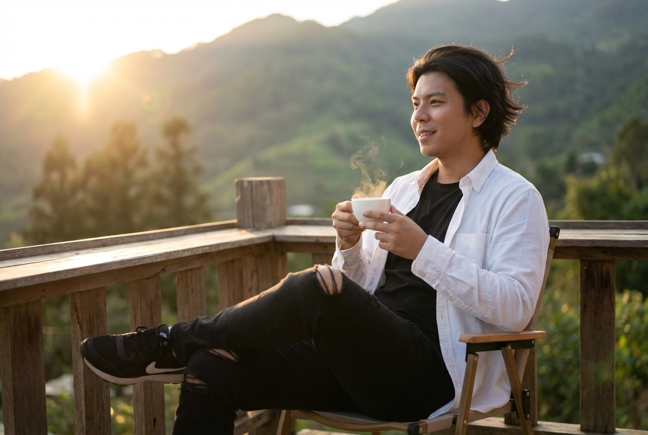 An ultra realistic portrait of a young man (facial detail 100% matches with the reference photo) relaxing on a wooden balcony with a scenic view of green mountains in the background. Golden-hour sunlight from the left side creates a warm glow, soft highlights on his hair and shoulders, and a subtle sun flare. He is wearing a black t-shirt in a white shirt with long sleeve, a black ripped jeans and black white sport shoes. his short straight hair is blowing by the morning wind. He sits with his body slightly angled, shoulders turned to the right side of the frame, one leg casually folded up onto the chair.

He holds a white cup emitting light steam, suggesting a freshly made hot drink. His face turns gently to the right with a subtle, relaxed smile, giving a calm and peaceful expression. The environment is an outdoor highland area with silhouettes of hills and trees in the distance, softly darkened by the backlit sunlight.

Camera angle is low angle level but slightly from the left side, creating a natural and intimate framing. Background is softly blurred with shallow depth of field, using a wide-aperture lens. Warm, earthy, soft color tones