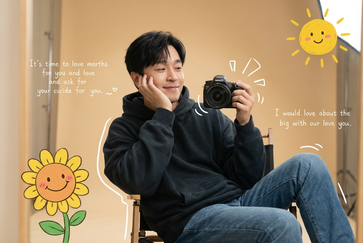Aesthetic cozy mirror selfie of a young man sitting casually on a chair, wearing a dark oversized hoodie and blue jeans, holding a professional camera in one hand, resting her face on the other hand with a soft dreamy smile. Warm beige indoor background with soft studio lighting, minimal modern interior. Cute cartoon-style doodles around her including a smiling sunflower character and hand-drawn yellow sun, playful white sketch lines around the camera. Handwritten romantic