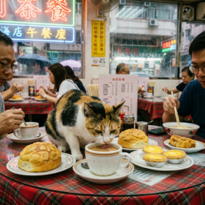 一隻在香港茶餐的喝奶茶的貓