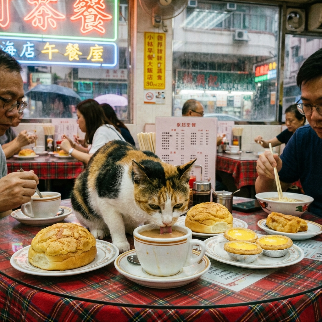 一隻在香港茶餐的喝奶茶的貓
