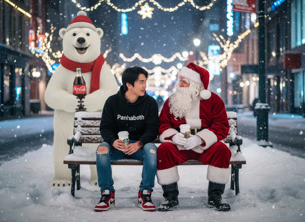 Use my photo uploaded  (keep original face) 5 years old. Ensure the face remains consistent with the person in the uploaded image, without changing facial structure, skin tone. Santa Claus sitting on a bench in a snowy street at night. Santa Cluas is wearing a traditional red suit with white fur trim and a red hat with a white pom-pom on top. Santa has a long white beard and is holding a Starbuck Coffee in his right hand beside me, I wearing black hoodie with Panhaboth, tattered jeans, nike air jordan1 red/black, red iwatch also holding a starbucks coffee. Santa and Me is talking to each other. behind them is a polar bear smiling holding a bottle of coca cola wearing a red beanie hat and a red scarf. The background is blurred, but it appears to be a city street with buildings and Christmas lights. The ground is covered in snow and there are snowflakes falling from the sky. The overall mood of the image is festive and cozy.Using a Canon EOS R camera with a 50mm f/1.8 lens, f/2.2 aperture, shutter speed 1/200s, ISO 100 and natural light, Full Body, Hyper Realistic Photography, Cinematic, Cinema, Hyper detail, Ultra hd, Color Correction, ultra hd, hdr , color grading, 8k. 9:16