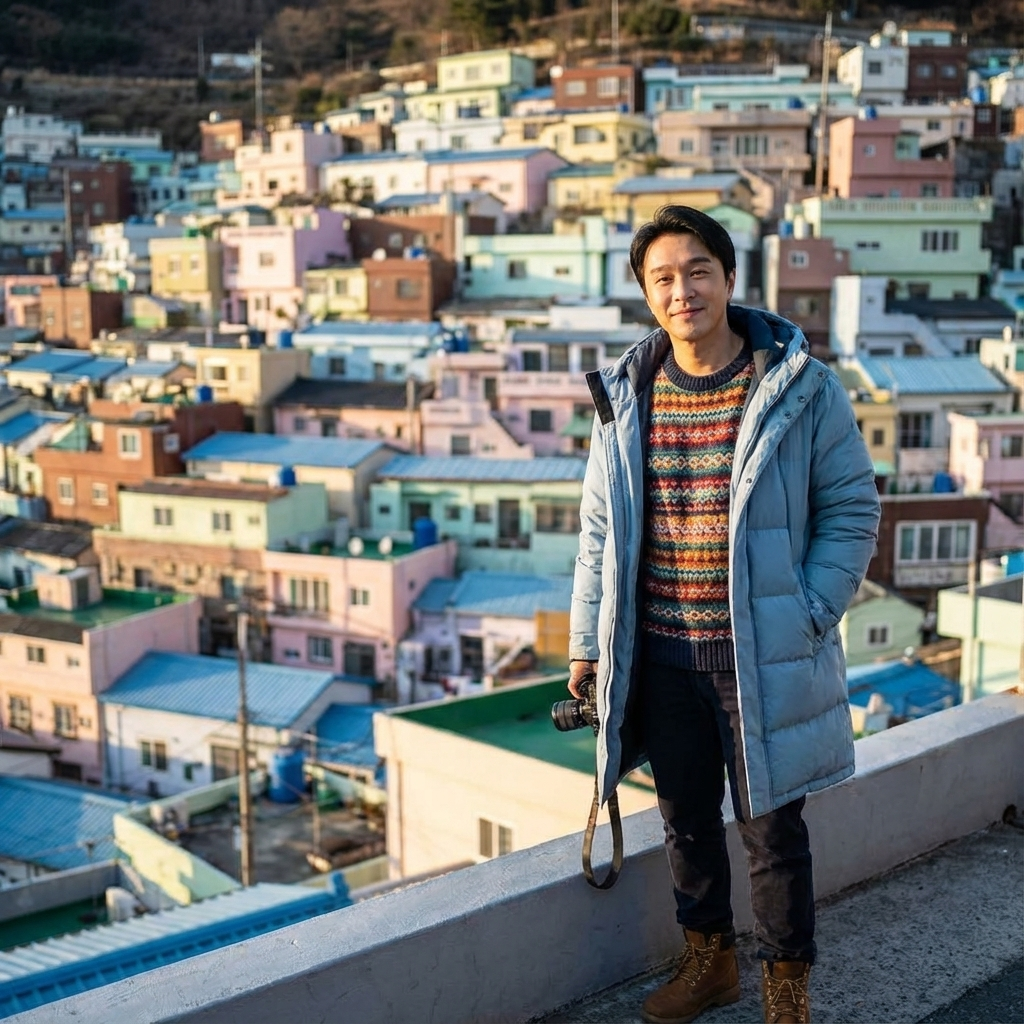 4. Gamcheon Culture Village – Busan (Late Afternoon)
The tourist man in a colorful winter knit sweater, light down jacket, dark pants, and boots standing at a viewpoint overlooking the pastel-colored hillside houses of Gamcheon Culture Village. Cool winter light, cinematic depth. Main focus on the vibrant architecture, man secondary.