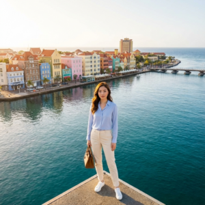 the traveler stands by the colorful waterfront of Willemstad, Curaçao, bathed in warm early-December daylight. He wears a soft pastel blue shirt, cream chinos, and clean white trainers. Wide angle, ultra-realistic, cinematic lighting, 8K resolution, full-body shot, drone shot centered on him while the iconic pastel Dutch-colonial buildings and calm water smooth the emotional ending of the story.