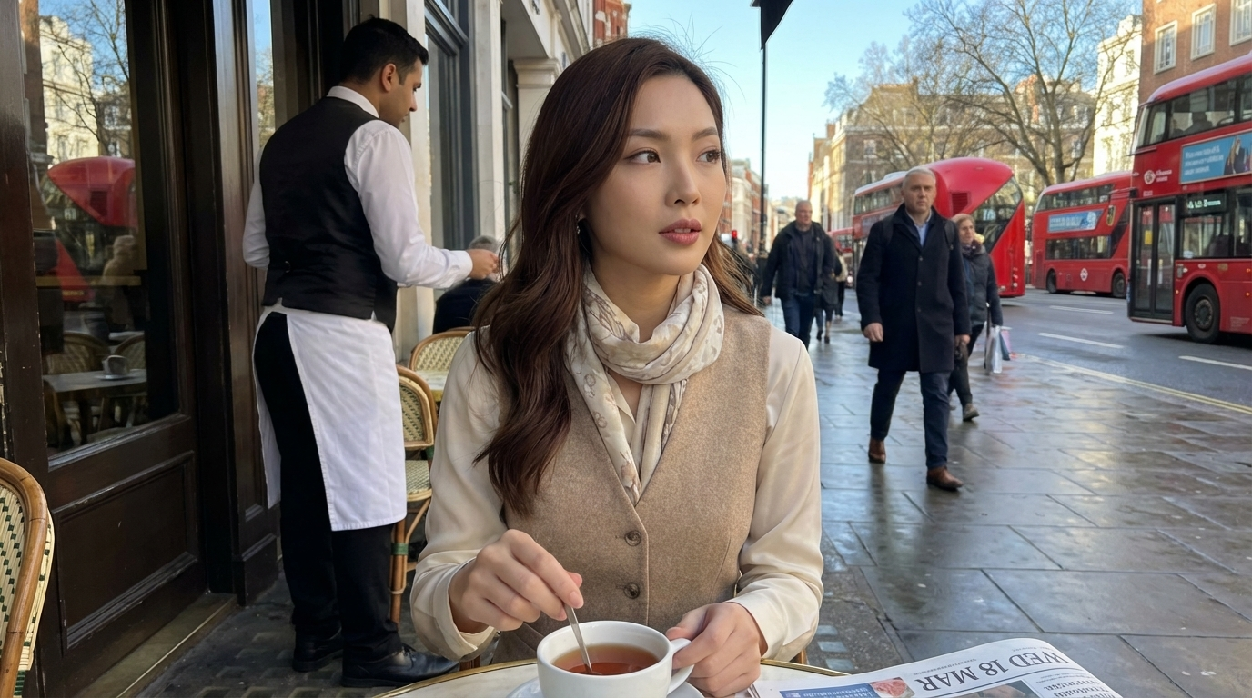 Create a photorealistic image of uploaded photo sitting at a relaxed outdoor restaurant in London on a cool Wednesday morning in March 2026. The sky is clear, the spring air is crisp, and the city feels calm as it wakes up. She is the focal point of the shot—wearing a light scarf, gently stirring her tea while gazing off to the side with a thoughtful expression. Everything behind her, from the waiter moving about to the soft morning traffic, should fall into a smooth blur, giving the picture the effortless, candid atmosphere of a moment casually snapped on a phone.