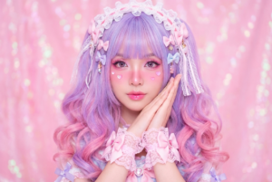 Ultra-detailed pastel kawaii cosplay portrait of a woman [image uploaded] character, posed with hands gently pressed together under her chin in a soft, doll-like gesture; vivid long wavy hair in split-gradient lavender and pink with styled curled ends; straight bangs dyed pastel lavender; decorative accessories throughout the hair including pastel bows, lace ribbons, small charms, and a frilled white lace headpiece with pink accents; makeup: heavy kawaii style with saturated pink eyeshadow, pink blush extending across cheeks and nose, glossy pink lips, heart-shaped cheek stickers, and large contact-lens-enhanced eyes; outfit: pastel pink lace wrist cuffs with big bows and heart embellishments, soft pastel clothing with ribbons and frills; background: dreamy soft-focus bokeh in shimmering pink tones creating a magical fairytale atmosphere; lighting: bright soft diffused beauty lighting with zero harsh shadows, high exposure pastel glow, smooth porcelain skin texture, ultra-saturated colors, whimsical fantasy aesthetic, high-resolution portrait photography. Negative: no real-person likeness, no watermark, no text, no distortion, no extra limbs, no deformed face, no realism unless stylized, no background objects.