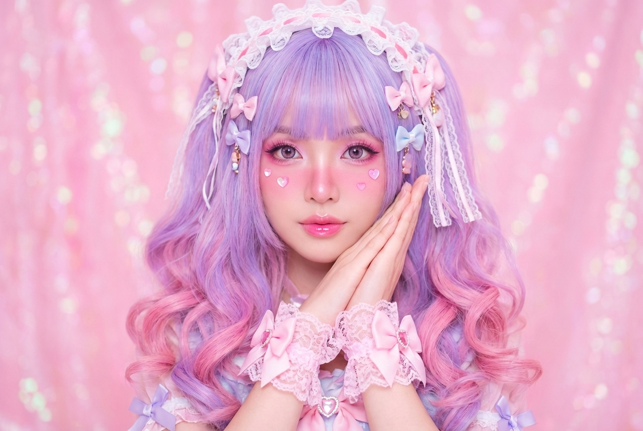Ultra-detailed pastel kawaii cosplay portrait of a woman [image uploaded] character, posed with hands gently pressed together under her chin in a soft, doll-like gesture; vivid long wavy hair in split-gradient lavender and pink with styled curled ends; straight bangs dyed pastel lavender; decorative accessories throughout the hair including pastel bows, lace ribbons, small charms, and a frilled white lace headpiece with pink accents; makeup: heavy kawaii style with saturated pink eyeshadow, pink blush extending across cheeks and nose, glossy pink lips, heart-shaped cheek stickers, and large contact-lens-enhanced eyes; outfit: pastel pink lace wrist cuffs with big bows and heart embellishments, soft pastel clothing with ribbons and frills; background: dreamy soft-focus bokeh in shimmering pink tones creating a magical fairytale atmosphere; lighting: bright soft diffused beauty lighting with zero harsh shadows, high exposure pastel glow, smooth porcelain skin texture, ultra-saturated colors, whimsical fantasy aesthetic, high-resolution portrait photography. Negative: no real-person likeness, no watermark, no text, no distortion, no extra limbs, no deformed face, no realism unless stylized, no background objects.