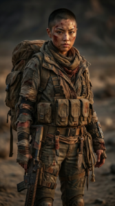 A rugged post-apocalyptic survivor standing in a wasteland, hyper-realistic portrait. A young man with a shaved military-style haircut, dirt- and blood-stained face, visible scars, intense determined eyes. Wearing layered tactical clothing: torn and weathered jacket, patched sleeves, multiple scarves and cloth wraps in earthy tones, tactical pants with reinforced padding. Covered in survival gear: large worn backpack, utility pouches on chest and waist, rope, knives, handmade tools, makeshift firearm at the hip. Textures of dust, rust, scratches on all equipment. Cinematic dystopian lighting, muted earthy color palette, shallow depth of field, dramatic storytelling atmosphere, ultra-detailed, photorealistic, 50mm lens.