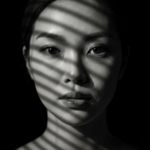 Using the uploaded photo generate ​a Monochromatic portrait, low-key lighting, chiaroscuro technique, striped shadows crossing the face, intense gaze, film noir aesthetic, studio lighting, sharp edges, depth of field."
​"Close-up, dramatic split lighting combined with linear shadows, black background, glossy lips and subtle skin texture, photorealistic digital art, professional portrait photography.