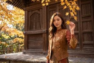 Base Setup
keep 100 percent facial information adherence of the attached image and turn her into a girl standing beneath autumn leaves outside a traditional wooden structure in a live action photograph or movie still, wearing a complex suggestive outfit that harmonizes with the warm fall tones.

Shot and Camera
Three quarter shot at slightly low height, framing her off center to the right so the yellow leaves and carved wooden panels dominate the left. Maintain the intimate close framing and vertical orientation feel of the reference.

Identity and Pose
Preserve her age read, build, silhouette, hairstyle length, and skin tone. She leans lightly against the doorframe, one hand grazing a hanging leaf, her posture relaxed and candid, 8k Photorealistic and hyper realistic.

Lighting and Environment
Soft warm daylight filters through the leaves, casting dappled highlights on her hair and outfit. Ground her feet on aged wooden flooring with natural grain, faint scuffs, and subtle contact shadows.

Masking and Constraints
Change only wardrobe and placement while keeping lighting, perspective, white balance, pose, face geometry, body proportions, and silhouette the same. Absolutely no added text, no CGI look, no plastic skin, no floating feet, with consistent perspective and correct contact shadows.