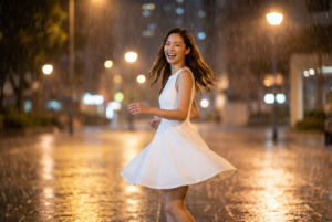 Edit the uploaded photo (face based on the reference photo). Ensure the face remains consistent with the person in the uploaded image, without changing facial structure, skin tone . Create a Create an 8K ultra-realistic image of woman dancing joyfully in the rain at night, wearing a white sleeveless dress that flares out as she twirls. She has a bright, happy expression on her face. The background features softly glowing streetlights reflecting on a wet surface, creating a warm, shimmering ambiance. The rain is falling steadily, adding a dynamic and lively atmosphere to the scene.Using a Canon EOS R camera with a 50mm f/1.8 lens, f/2.2 aperture, shutter speed 1/200s, ISO 100 and natural light, Full Body, Hyper Realistic Photography, Cinematic, Cinema, Hyper detail, Ultra hd, Color Correction, ultra hd, hdr , color grading, 8k.