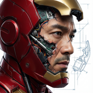 Ultra-detailed cinematic portrait of a futuristic armored man in side profile, human face seamlessly fused with exposed mechanical components, intricate cybernetic implants embedded into the skull and jaw, visible wires, micro-circuits, pistons and servo motors, red and gold metallic armor plating partially broken revealing internal machinery, realistic skin texture with stubble and sharp facial features, intense focused expression, hyper-realistic photorealism, sci-fi concept art, mechanical complexity, clean white background with technical sketch lines and blueprint elements, dramatic lighting, sharp focus, 8K resolution, ultra-high detail, cinematic depth, concept art style, futuristic technology, realism + illustration blend
