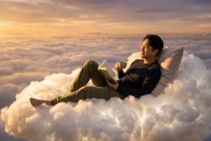 The person from the reference photo ( keep the face of the person 100% accurate from the reference image ) relaxing on a fluffy, glowing cloud high above the sky, surrounded by soft golden sunlight and vast layers of clouds stretching to the horizon. the person is lying back comfortably with a pillow, wearing a dark long-sleeve shirt, olive green pants, holding a book in one hand and a coffee cup in the other. the lighting is cinematic and warm, capturing the golden hour ambiance with radiant highlights and gentle shadows across the clouds. captured with a wide-angle lens at medium depth of field, balancing focus between the subject and the surrounding dreamy sky. the overall atmosphere is surreal and serene, blending realism with fantasy in a peaceful, imaginative setting.