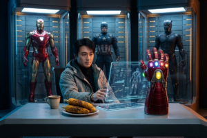 Make this photo use ultra realistis  A man sitting at a futuristic desk, interacting with a large, modern holographic touchscreen display similar to the technology in the Iron Man movies. On the desk, there is an Iron Man gauntlet (Infinity Gauntlet) with all the Infinity Stones glowing on it. Next to the gauntlet, there is a plate of grilled corn on the cob (jagung bakar) and a coffee cup beside the plate. The desk area is clean and free of any cables. The overall setting should be a realistic and modern high-tech lab/room with Iron Man, Captain America, and Black Panther suits displayed in pods behind him. Cinematic lighting, hyper-realistic, high detail.