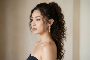 Generate an ultra-realistic, highly ultra-detailed, 8k resolution with 1080x1080 pixel, true-to-life portrait of me using the uploaded image for reference (preserved the likeness and the original face for reference). Create a portrait of a  fair-skinned woman with long, curly dark hair styled in a high ponytail, her head turned to the side, her expression neutral and serene; her makeup features defined eyebrows, subtle eyeliner, light blush, and glossy lips; she wears dangling earrings with a floral design; she has a piercing in her ear; the image is in ultra-high 8K resolution, showcasing detailed skin textures, crisp edges, and sharp focus on her eyes; a medium shot, taken from the side to emphasize her profile, with a shallow depth of field that softly blurs the background; soft, diffused lighting illuminates her face evenly, creating subtle shadows and highlights, with a warm color palette of soft browns and creams; she is wearing a dark strapless top; the background is a soft, neutral tone, ensuring the focus remains on the subject; no additional props are present; photorealistic style, akin to a raw camera capture, is achieved using an 85mm lens, ISO 100, and an aperture of f/2.0 for a shallow depth of field and soft background blur.

➖Additional details:
- Negative Prompt: whimsical , doll skin, plastic skin, cartoon, 3d render, cgi,a low poly, painting, drawing, sketch, anime, deformed, bad anatomy, mutated hands, extra limbs, low quality, blurry, artifacts, plastic skin, out of frame, out of focus, wrong spelling, rumble letters, missing letter, blurry letter, blurry face, lowres, pixelated, jpeg artifacts, repeated face and repeated word.