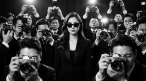 A striking black-and-white cinematic photograph of a mysterious woman standing calm and composed in the center of a dense crowd of paparazzi, dozens of photographers surrounding her, all aiming vintage cameras with flashes raised. The woman wears dark sunglasses, minimal makeup, and an elegant dark outfit, her expression emotionless and powerful, symbolizing isolation amid fame. High contrast lighting, dramatic shadows, shallow depth of field, sharp focus on the central subject, blurred foreground faces and cameras, classic film grain, 35mm analog photography style, noir aesthetic, timeless Hollywood atmosphere, intense realism, editorial fashion photography, moody, iconic, award-winning composition.