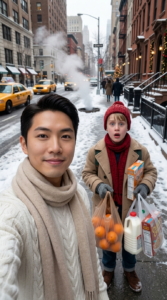 Photorealistic recreation of the iconic grocery shopping scene from Home Alone, set on a snowy winter street in New York City with yellow taxis, steam rising from manholes, holiday lights on buildings, and pedestrians in the background. In the foreground, a man (his face is 100% same as the uploaded photo), smile gently, wearing a white sweater and a light beige scarf around his neck, is taking a selfie-style close-up photo. Behind him and slightly to the right, a young boy (recreated exactly like Kevin McCallister from Home Alone) with short blonde hair, wide-eyed surprised expression, wearing a red knit hat, red scarf, beige coat, gray gloves, holding two full plastic grocery bags (one with oranges visible, the other with a carton of milk and cereal boxes). The boy is standing on the snowy sidewalk looking shocked. Cinematic lighting, cold winter atmosphere, high detail, sharp focus, realistic textures on clothing and snow, film still style from 1990s holiday movie.