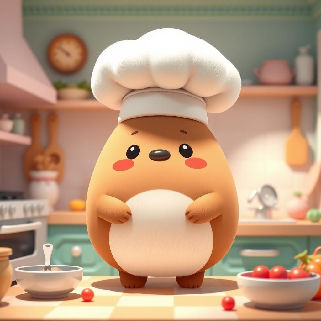Create an adorable, high-resolution illustration of a Noodoll character, known for its round, plush, and cuddly appearance. The Noodoll is wearing an oversized, fluffy white chef hat perched playfully on its head. The scene is whimsical and vibrant, with the character standing in a cozy, pastel-colored kitchen, surrounded by charming miniature cooking utensils and tiny ingredients. Soft lighting and gentle shadows give the image a warm, inviting feel. The overall style is cute, modern, and reminiscent of high-quality commercial character art, with subtle textures in the Noodoll's plush fur and expressive, friendly eyes.