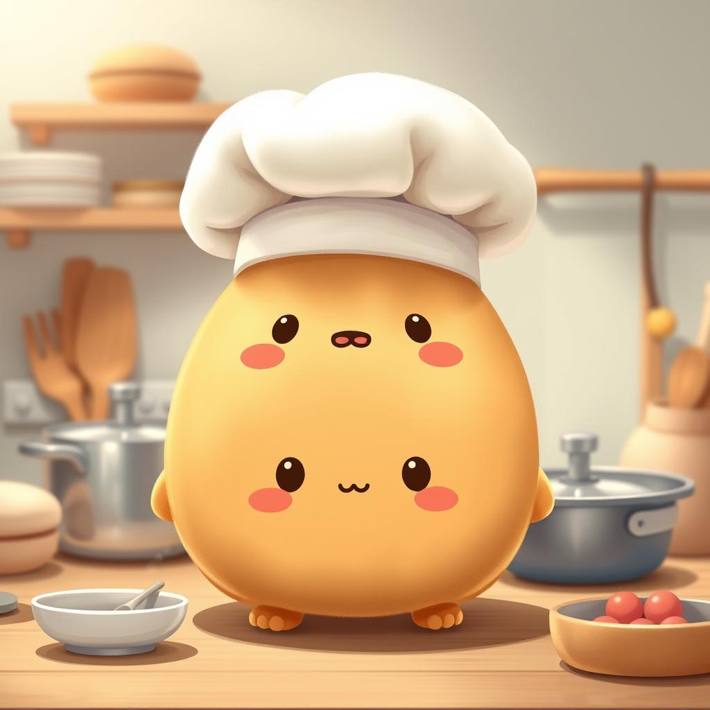 Create a highly detailed and charming illustration of the beloved Noodoll character “Ricepotato” depicted as a cute, plushie-like creature. Ricepotato should be front and center, featuring its signature round, potato-inspired body and soft, textured fabric. Adorn Ricepotato with an oversized, fluffy white chef’s hat perched endearingly on its head. Embellish the scene with subtle, whimsical kitchen elements in the background, such as miniature utensils, a cooking pot, and gentle pastel colors. Use soft lighting and a warm, inviting atmosphere to emphasize the playful, heartwarming nature of the character. Style the image in the delightful aesthetic of modern kawaii illustrations, with attention to detail in fabric textures and expressive, adorable facial features.