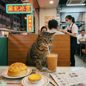 一隻在香港茶餐廳喝奶茶的貓