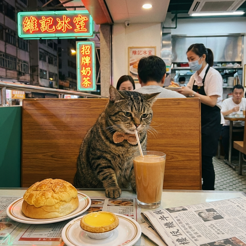一隻在香港茶餐廳喝奶茶的貓