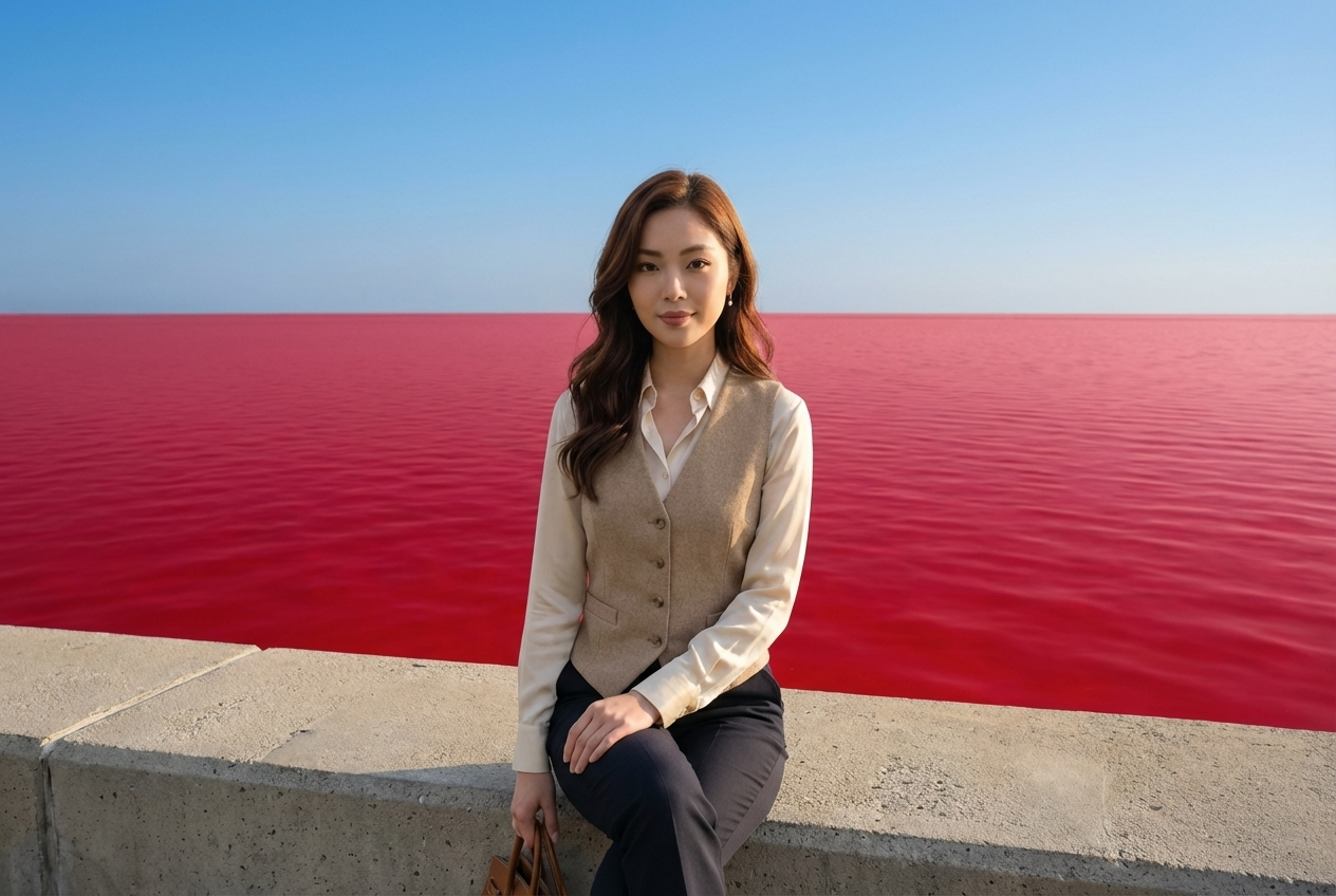 人物：人物姿態表情動作衣著都不變，色調：富士底片日系風格，暖色調，日系輕透感，光影：維持照片中的光影邏輯，輕灑在少女身上，像是日系風格清爽，必須符合原本照片中的光影邏輯，背景：一片海洋與藍天，天空天氣非常晴朗，海與藍天在畫面中維持一半的比例，海的顏色是鮮紅色的海，海非常鮮紅、一片平靜的死海，海上有陽光帶來的一點光班，場景：少女坐在海堤防邊，面對著畫面，而少女的後方是一片遙遙無極的海與藍天，完美的呈現一半的比例，在一個清晨的光線中，陽光並沒有太刺眼，陽光像是輕灑在少女身上還有紅色的海面上，透視關係：構圖不改變，維持原本照片的構圖，平面構圖