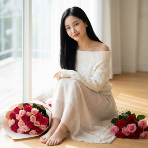 一位年輕亞洲美女，長直黑髮輕微笑，精緻五官，穿白色露肩毛衣和輕薄長裙，赤腳坐在明亮室內地板上，地上一束玫瑰花束，柔和自然光線從窗戶灑入，溫暖氛圍，高清寫實肖像攝影。
