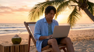 Create an image that captures a person working on a laptop while sitting on a wooden beach chair on a sandy beach.
Here are some key details:
Subject: A man uploaded photo wearing a light-colored, long-sleeved shirt open botten (possibly linen or a light denim), dark shorts. He is focused intently on the screen and keyboard of his silver laptop.
Setting: The scene is set on a beach during sunset or sunrise, indicated by the warm, golden light and the long shadows. There is a palm tree towering over the person, and its fronds are visible against the bright sky. The ocean is in the background.
Atmosphere: The overall mood is one of a "digital nomad" or someone enjoying the flexibility of working remotely in a beautiful, relaxed, and warm location. The lighting creates a very aesthetic and aspirational feel.
Foreground Detail: To the left of the chair, there's a wooden crate or small table where a portion of a coconut appears to be resting.
The photo effectively contrasts the intensity of work with the serene,