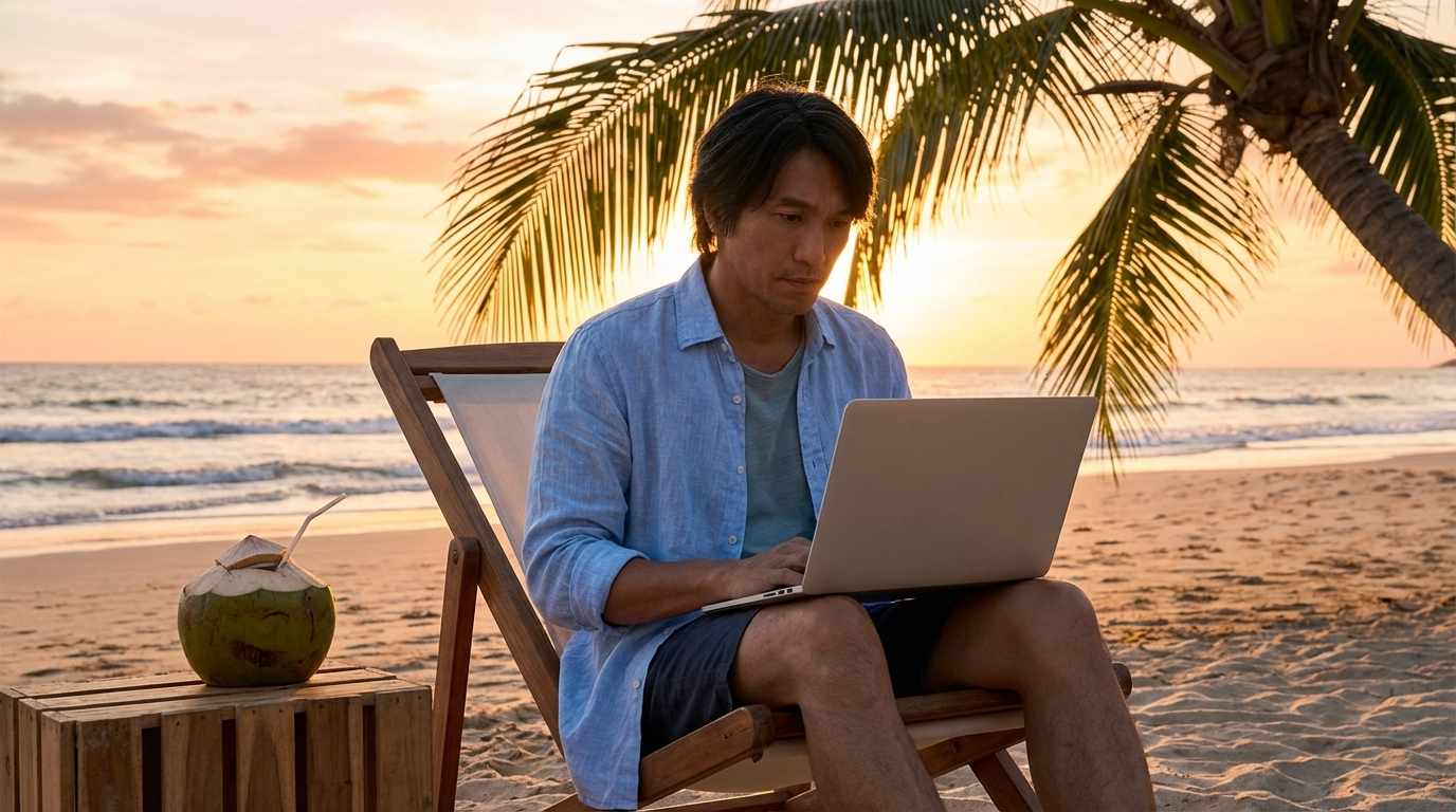 Create an image that captures a person working on a laptop while sitting on a wooden beach chair on a sandy beach.
Here are some key details:
Subject: A man uploaded photo wearing a light-colored, long-sleeved shirt open botten (possibly linen or a light denim), dark shorts. He is focused intently on the screen and keyboard of his silver laptop.
Setting: The scene is set on a beach during sunset or sunrise, indicated by the warm, golden light and the long shadows. There is a palm tree towering over the person, and its fronds are visible against the bright sky. The ocean is in the background.
Atmosphere: The overall mood is one of a "digital nomad" or someone enjoying the flexibility of working remotely in a beautiful, relaxed, and warm location. The lighting creates a very aesthetic and aspirational feel.
Foreground Detail: To the left of the chair, there's a wooden crate or small table where a portion of a coconut appears to be resting.
The photo effectively contrasts the intensity of work with the serene,