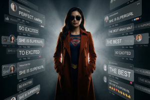 A confident me as Supergirl stands full-body in a dramatic pose, hands in trench coat pockets,dark sunglasses. Her iconic blue-and-red suit with the “S” shield is partially revealed beneath a rust-colored cinematic trench coat, suggesting a hidden identity.
High-contrast, dramatic cinematic lighting with strong rim light and deep shadows, volumetric light beams, subtle haze. Filmic color grading, rich contrast, blockbuster trailer mood.A layered, semi-transparent 3D wall of floating social media comments and UI elements, softly glowing and receding in depth, surrounding her like digital echoes of hype. The comments are overwhelmingly positive and excited, featuring user profiles, likes, and hype text (e.g., 'PERFECT casting,' 'SO EXCITED,' 
High-contrast studio lighting ,Strong contrast between the realistic 3D figure and the flat 2D collage.