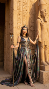 {
"intro": "Create an ultra realistic 8K UHD DSLR editorial fashion photo based on the attached image as a reference of facial features, maintaining 100% likeness.",
"subject": {
"identity": "A beautiful real human woman styled as a modern high-fashion Cleopatra queen, maintaining 100% likeness to the reference image.",
"angle": "Full-body portrait captured at eye level with ultra-sharp clarity and no blur.",
"pose": "She stands confidently with one hand gently touching a tall carved pharaoh statue — the kind commonly found in Egyptian palace entrances — while her other hand holds an ornate cobra staff.",
"expression": "Regal, intense, and empowered.",
"hair": "Shoulder-length dark brown hair, sleek, glossy, and styled with subtle volume.",
"makeup": "Full glam with bold editorial colorful eye makeup — vibrant turquoise, sapphire blue, violet, and gold blended in a dramatic high-fashion shape, winged liner, glowing highlighted skin, sculpted cheeks, and glossy nude-rose lips."
},
"wardrobe": {
"outfit": "A luxurious high-fashion Egyptian couture gown with a dramatic, sexy silhouette — fitted bodice, flowing structured panels, iridescent fabrics, and metallic serpent-inspired embellishments wrapping around her hips and waist. The gown is elegant, regal, and runway-level extravagant.",
"footwear": "Flat Egyptian-style sandals with gold straps and gemstone accents.",
"accessories": "Opulent Egyptian jewelry including a golden collar necklace, serpent arm cuffs, gemstone earrings, and stacked bracelets.",
"headpiece": "A stunning Egyptian queen crown or headpiece featuring intricate gold filigree, gemstones, and a central cobra motif.",
"prop": "A tall ceremonial cobra staff with sculpted scales, gemstone inlays, and a dramatic raised cobra head."
},
"background": {
"location": "In front of the exterior wall of an Egyptian palace.",
"environment": "Ancient sandstone walls decorated with deep carvings and hieroglyphics. Beside her stands a traditional Egyptian palace statue — a tall carved pharaoh figure — which she touches with her hand. Warm golden desert sunlight illuminates the scene.",
"atmosphere": "Powerful, cinematic, regal — blending ancient Egyptian grandeur with high-fashion editorial aesthetics. No blur effect, all textures crisp."
},
"camera": {
"lighting": "Dramatic editorial lighting using strong directional sunlight with soft diffused fill, highlighting the gown’s texture, gold accents, and facial features.",
"lens": "50mm or 85mm prime lens for hyper-detailed realism.",
"settings": "ISO 100, f/5.6, 1/250 sec for a perfectly clear full-body image.",
"quality": "8K ultra-realistic, HDR, vibrant color grading with warm desert tones and high-fashion contrast."
}
}