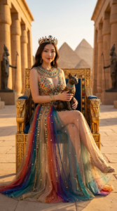 {
"intro": "Create an ultra realistic 8K UHD DSLR photo based on the attached image as a reference of facial features, maintaining 100% likeness.",
"subject": {
"identity": "A stylish beautiful woman portrayed as Cleopatra, the eternal Queen of Egypt, exuding power, seduction, and divine authority.",
"angle": "Full-body editorial portrait captured at a refined 3/4 angle, with both the subject and her throne positioned diagonally, rendered in ultra-crisp clarity with no blur.",
"pose": {
"body_position": "She is seated regally on a luxurious Egyptian throne angled slightly to the side, her torso and legs elegantly turned to match the diagonal composition, enhancing her curves and royal poise.",
"hands": "One arm rests gracefully along the angled armrest of the throne, while the other cradles a magnificent royal cat against her body.",
"expression": "She looks directly into the camera with a composed, intelligent, and seductive gaze—calm authority mixed with magnetic allure."
}
},
"appearance": {
"outfit": "An exceptionally bongga, sexy, and ultra-colorful Cleopatra couture gown designed as a high-fashion masterpiece. The gown features a sculpted corset bodice encrusted with multicolored gemstones—turquoise, lapis blue, emerald green, ruby red, amethyst violet, and molten gold—arranged in intricate Egyptian patterns. The fabric transitions into layered sheer silks in jewel tones that cascade dramatically, creating movement and depth. A daring thigh-high slit reveals her leg, while illusion panels and crystal embroidery contour her waist and hips. The gown shimmers with every hue, bold yet luxurious, sensual yet undeniably royal.",
"accessories": "A dramatic Egyptian crown with raised cobra centerpiece and iridescent gemstone inlays, oversized multi-layered gold collar necklace, engraved arm cuffs, crystal-encrusted finger rings, an ornate gold waist belt, anklets with delicate charms, and elegant flat Egyptian sandals.",
"hair": "Her hair is shoulder-length, sleek, and glossy with soft movement, modernized yet inspired by ancient Egyptian elegance, no bangs.",
"makeup": "High-impact, colorful Egyptian glam makeup—intensely elongated kohl eyeliner, bold eyeshadow blended in gold, turquoise, teal, emerald, and hints of violet, sculpted cheekbones with luminous gold highlight, flawless bronzed skin, defined brows, and rich nude-to-berry satin lips with a sensual glow."
},
"props": {
"animal": "A stunning, regal Egyptian cat of exceptional beauty, with sleek, glossy fur patterned in warm sand, charcoal, and soft gold tones. The cat has large almond-shaped eyes that glow amber-gold, finely sculpted features, and an elegant posture. It wears a delicate gold collar adorned with tiny gemstones and a miniature Bastet charm, symbolizing protection, divinity, and royal favor."
},
"background": {
"macro_environment": "A grand royal palace courtyard in ancient Egypt at golden hour, composed diagonally to echo the angled throne, with towering sandstone columns, carved relief walls, and distant pyramids beneath a richly colored desert sky.",
"midground_details": "Palm trees gently swaying, monumental statues of Bastet and other Egyptian deities, ceremonial fire torches, flowing silk banners in jewel tones, and distant palace attendants positioned subtly for scale.",
"micro_elements": "Ultra-sharp hieroglyph carvings, visible stone grain and chisel marks, fine desert sand particles, radiant gemstone reflections, metallic gold highlights, intricate embroidery threads, and realistic sun-cast shadows—every element sharply defined with zero blur."
},
"lighting": {
"type": "Cinematic natural golden-hour lighting enhanced with soft reflective fill light.",
"effect": "Warm sunlight amplifies the vivid colors of the gown and gemstones while sculpted shadows define her face, body, throne, and the cat, creating a dramatic yet luxurious editorial mood."
},
"camera": {
"camera_type": "DSLR",
"resolution": "8K UHD",
"lens": "50mm prime lens",
"aperture": "f/8 for maximum sharpness across subject and background",
"iso": 100,
"shutter_speed": "1/200s",
"focus": "Extreme sharp focus from foreground to background, no bokeh, no blur"
},
"style": "High-fashion editorial, cinematic realism, ultra-luxury Egyptian couture, vibrant jewel-toned palette, historical grandeur fused with modern sensuality, extremely detailed, sharp, powerful, and seductive"
}