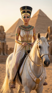 {
"intro": "Create an ultra realistic 8K UHD DSLR photo based on the attached image as a reference of facial features, maintaining 100% likeness.",

"subject": {
"identity": "A stylish beautiful woman portrayed as Cleopatra, the eternal Queen of Egypt, radiating supreme authority, elegance, and divine power.",
"angle": "Full-body editorial portrait captured at a cinematic 3/4 angle, both Cleopatra and the horse positioned diagonally, rendered in ultra-crisp clarity with no blur.",
"pose": {
"body_position": "She is riding a majestic white horse, seated confidently with impeccable royal posture, her torso slightly turned to a 3/4 angle to emphasize grace and dominance.",
"hands": "One hand gently holds the gold-accented reins, while the other rests elegantly near her waist, displaying ornate jewelry.",
"expression": "She looks directly at the camera with a calm, commanding, and seductive gaze—the unmistakable presence of a queen born to rule."
}
},

"appearance": {
"outfit": "An opulent, ultra-bongga Cleopatra couture gown in pristine white and radiant gold. The gown features a sculpted corset bodice richly embroidered with gold hieroglyphic motifs, sun-disk patterns, and crystal beadwork. Flowing white silk, chiffon, and sheer organza panels cascade dramatically from the waist and shoulders, creating powerful movement as she rides. A daring thigh-high slit reveals her leg, balancing sensuality with imperial elegance. Every seam is traced with gold-thread embroidery for a luminous, goddess-like silhouette.",
"accessories": "She wears the exact Cleopatra headpiece from the attached reference image: a regal black-and-gold striped nemes-style headdress with a polished gold cobra (uraeus) centerpiece at the forehead, structured side panels, and intricate gold detailing. Paired with a wide Egyptian collar necklace with turquoise accents, engraved gold arm cuffs, crystal finger rings, an ornate gold waist belt, delicate anklets, and elegant flat Egyptian sandals.",
"hair": "Her hair is fully concealed beneath the nemes headpiece as shown in the reference image, ensuring perfect historical accuracy and symmetry.",
"makeup": "Ultra-bold, highly colorful Egyptian eye makeup with ceremonial ink artistry. Her eyes feature sharp elongated black kohl eyeliner extended dramatically past the outer corners, layered with vivid turquoise, teal, emerald green, sapphire blue, violet, and metallic gold pigments blended in high-fashion gradients. Beneath each eye, intricate hand-drawn ink designs inspired by ancient Egyptian symbolism are visible—fine black and gold lines, dots, and sacred motifs echoing hieroglyphs and protective markings, following the natural curve of the lower eye and cheekbone. Her complexion is flawless and softly bronzed with luminous highlights, brows are sculpted and powerful, cheeks carry a subtle coral-rose flush, and lips are finished in a refined nude-rose satin tone to balance the intense, artistic eye look."
},

"props": {
"animal": "A powerful, majestic white horse with a flowing ivory mane, sculpted muscles, and intelligent dark eyes. The horse wears elegant white-and-gold tack engraved with Egyptian motifs, symbolizing royal conquest, divine favor, and sovereignty."
},

"background": {
"macro_environment": "A vast open desert landscape near the Egyptian palace and pyramids at golden hour, stretching endlessly beneath a dramatic sky glowing with gold, amber, and soft ivory tones.",
"midground_details": "Distant pyramids rising from the sand, monumental stone statues, ceremonial banners moving in the wind, and faint silhouettes of royal guards and attendants placed far behind for scale.",
"micro_elements": "Fine desert sand lifted by the horse’s movement, sharply defined gold engravings on the reins, visible embroidery threads on the gown, subtle translucency of sheer fabrics, radiant light reflections on gold surfaces, and crisp, realistic shadows—everything rendered with extreme clarity and zero blur."
},

"lighting": {
"type": "Cinematic natural golden-hour lighting with soft reflective highlights.",
"effect": "Warm sunlight intensifies the white-and-gold palette, ignites the vibrant eye makeup colors and ink details, and illuminates the horse’s coat, creating a radiant, divine, editorial glow."
},

"camera": {
"camera_type": "DSLR",
"resolution": "8K UHD",
"lens": "50mm prime lens",
"aperture": "f/8 for maximum sharpness across subject and background",
"iso": 100,
"shutter_speed": "1/250s to freeze motion while maintaining realism",
"focus": "Extreme sharp focus from foreground to background, no bokeh, no blur"
},

"style": "High-fashion editorial, cinematic realism, divine Egyptian royalty, white-and-gold couture contrasted with vibrant ceremonial eye art, powerful, sensual, ultra-detailed, sharp, majestic"
}