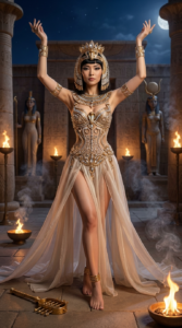 {
"intro": "Create an ultra realistic 8K UHD DSLR photo based on the attached image as a reference of facial features, maintaining 100% likeness.",

"subject": {
"identity": "A stylish beautiful woman portrayed as Cleopatra performing a sacred night-time royal dance, embodying divine seduction, power, and celestial authority.",
"angle": "Full-body high-fashion editorial portrait captured at a cinematic 3/4 angle, ultra-crisp clarity with no blur.",
"pose": {
"body_position": "She is captured mid-dance inside a temple courtyard at night, her body angled gracefully, hips grounded, torso lifted, creating a powerful and sensual silhouette.",
"movement": "Her arms are raised in slow ceremonial motion while one leg steps forward, fully revealing her feet and lower legs as part of the ritual stance.",
"expression": "A calm, hypnotic, commanding gaze directed toward the camera—quiet dominance wrapped in sensual mystery."
}
},

"appearance": {
"outfit": "An ultra-bongga Cleopatra couture gown with an all-crystal bodice that fits like jeweled armor. Thousands of hand-set crystals, diamonds, and glass stones in gold, champagne, clear, and iridescent tones form sacred Egyptian motifs—cobras, sun disks, lotus symbols—entirely through crystal placement. The neckline is daring yet elegant, supported by invisible illusion mesh. From the waist, the skirt opens into flowing sheer silk and organza panels in ivory and soft gold, designed with a high front opening that intentionally exposes her legs and feet during movement. Crystal chains and beaded fringe sway rhythmically with every step, enhancing sensual motion.",
"accessories": "A dramatic Egyptian ceremonial headpiece with gold and crystal detailing, an oversized layered gold collar necklace, sculpted crystal arm cuffs, finger armor rings, a crystal-and-gold waist belt, and delicate gold anklets accentuating her bare feet.",
"hair": "Her hair is sleek, glossy, and perfectly controlled, styled to balance the weight of the crystal headpiece while allowing elegant movement.",
"makeup": "Ultra-glam, colorful Egyptian night makeup—bold elongated black kohl eyeliner, intense eyeshadow layered in turquoise, emerald, sapphire blue, violet, and metallic gold. Beneath the eyes, intricate ceremonial ink drawings in fine black and gold lines inspired by ancient Egyptian markings. Skin is luminous with molten-gold highlights, brows strong and defined, lips finished in a sensual nude-bronze satin."
},

"props": {
"ritual_elements": [
"Burning incense bowls releasing thick aromatic smoke",
"Golden sistrum placed near the dance space",
"Tall ceremonial torches lining the temple floor"
]
},

"background": {
"macro_environment": "A grand ancient Egyptian temple courtyard at night, reserved for sacred royal rituals.",
"midground_details": "Towering sandstone columns, massive statues of Isis and Hathor, carved temple walls, flowing linen drapes, and ceremonial platforms illuminated by firelight.",
"micro_elements": "Torch flames reflecting off crystal surfaces, fine dust particles glowing in the night air, incense smoke wrapping around her legs and feet, detailed stone floor textures beneath her bare feet, crystal fringe in motion, and sharply defined shadows—everything rendered in extreme detail with zero blur."
},

"lighting": {
"type": "Cinematic night lighting using torches, oil lamps, and subtle moonlight.",
"effect": "Firelight ignites the crystal bodice with prismatic sparkle while moonlight softly outlines her legs and feet, creating a dramatic, sensual, and divine atmosphere."
},

"camera": {
"camera_type": "DSLR",
"resolution": "8K UHD",
"lens": "50mm prime lens",
"aperture": "f/8 for full-body and environment sharpness",
"iso": 100,
"shutter_speed": "1/200s to freeze elegant motion clearly",
"focus": "Extreme sharp focus on crystal bodice, facial features, legs, feet, and temple details, no bokeh, no blur"
},

"style": "Ultra high-fashion editorial, night temple ritual, all-crystal couture, sexy yet sacred, ancient Egyptian royalty reimagined, cinematic realism, extremely detailed, sharp, iconic"
}