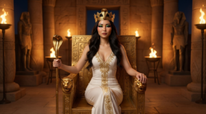{
"intro": "Create an ultra realistic 8K UHD DSLR photo based on the attached image as a reference of facial features, maintaining 100% likeness.",

"subject": {
"identity": "A beautiful real human woman portrayed as Cleopatra, seated majestically on her royal Egyptian throne, maintaining 100% likeness to the reference.",
"pose": "Confident, elegant, and seductive seated posture with her back straight and shoulders relaxed. One hand rests authoritatively on the throne’s armrest while firmly holding a ceremonial cobra staff, and the other hand rests sensually on her thigh. Her legs are positioned to subtly reveal the high slit of her gown, radiating queenly dominance, power, and allure.",
"hair": "Long, thick, voluminous hair flowing past her shoulders, colored deep dark brown with a rich natural sheen. The hair is worn loose and sleek with soft natural movement, cascading elegantly down her back and framing her face in a regal manner.",
"makeup": "Bold royal Egyptian glam with highly colorful eye makeup. Her eyes feature layered pigments of turquoise, sapphire blue, emerald green, and molten gold, enhanced with dramatic black ink-style Egyptian eyeliner extending boldly beyond the outer corners in graphic, calligraphic strokes. Metallic accents and micro-shimmer highlight the inner corners. Skin remains warm, glowing, and luminous with sculpted bronze contours, peachy blush, and radiant highlights. Brows are full, strong, and queenly. Lips are soft nude-peach with a glossy, luminous finish to balance the intense eye look.",
"attire": "An ultra-luxurious, sexy Cleopatra couture gown in pure luminous white. The gown is body-hugging through the bodice and hips, featuring a plunging deep neckline adorned with gold filigree, crystal embellishments, and sacred Egyptian symbols. A dramatic thigh-high slit reveals her leg elegantly. Additional elements include gold-thread embroidery, sculpted drapery, and gemstone accents along the waist and slit. A long, ultra-sheer, lightweight cape made of fine translucent silk chiffon flows from her shoulders, delicately dusted with gold shimmer and subtle hieroglyphic motifs, adding movement and divine softness to her powerful presence.",
"crown": "An extraordinarily grand and opulent Cleopatra headpiece—the ultimate royal Egyptian crown. Crafted from radiant gold, it features a dominant central cobra (uraeus) with emerald and lapis lazuli gemstone eyes, flanked by winged sun disks, lotus engravings, and layered ceremonial plates. The crown rises elegantly with intricate detailing, inlaid gemstones, and divine symmetry, making it unmistakably royal, powerful, and legendary.",
"accessories": "Lavish layers of royal accessories including an oversized beaded broad collar necklace in gold, turquoise, lapis lazuli, and carnelian; stacked gold arm cuffs engraved with hieroglyphs; gemstone-studded bangles; multiple ornate rings; a delicate gold waist chain draped over her hips; and detailed anklets with symbolic charms that enhance her divine queen status.",
"footwear": "Traditional Egyptian royal flat sandals crafted from gold-plated leather with delicate beaded straps, turquoise and lapis inlays, open-toe design, and sacred cobra and lotus motifs."
},

"throne": {
"design": "A massive, ultra-bonggang ancient Egyptian royal throne made of carved gold, obsidian, and polished stone.",
"details": "The throne is richly decorated with winged sun disks, twin cobras, lion-head armrests, lotus and papyrus carvings, and engraved hieroglyphs symbolizing power, eternity, and divine rule. The backrest rises high above her head like a ceremonial monument, inlaid with turquoise, lapis lazuli, and gold leaf patterns. Cushioned with deep ivory and gold-embroidered textiles, the throne radiates absolute authority and unmatched royal luxury."
},

"props": {
"primary": "A ceremonial golden staff topped with a sculpted cobra head, its eyes set with glowing emerald gemstones, symbolizing wisdom, protection, and supreme power.",
"secondary": "Golden jars, papyrus scrolls, gemstone offerings, decorative incense holders emitting thin smoke trails, sacred ceremonial artifacts, and royal insignias placed symmetrically around the throne platform."
},

"background": {
"setting": "A grand Egyptian throne room at night, glowing with warm torchlight and golden illumination.",
"details": "Towering sandstone walls fully carved with hieroglyphics and royal chronicles, monumental lotus and papyrus columns trimmed in gold, statues of Egyptian gods and goddesses standing guard, large braziers casting flickering firelight, patterned gold-and-turquoise stone flooring, and sheer linen curtains gently flowing in the warm desert breeze. Macro-to-micro details are visible throughout, with no blur effect—everything is crisp, sharp, and hyper-detailed."
},

"camera": {
"shot": "Half-body to three-quarter editorial portrait showcasing her throne, flowing white gown with cape, colorful inked eye makeup, crown, and cobra staff.",
"angle": "Eye-level royal perspective emphasizing her dominance, beauty, and divine authority.",
"lens": "85mm portrait lens with ultra-sharp clarity and deep texture definition.",
"lighting": "Cinematic warm golden torchlight combined with subtle shadow sculpting, enhancing gold textures, gemstones, fabric folds, and facial features; no blur effects.",
"quality": "Ultra-sharp, high-contrast, glossy editorial realism with 8K-level detail."
}
}