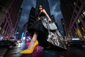 Transform the original photo into a dramatic, photorealistic, ultra wide-angle shot with an extreme camera angle (including views from directly below or above), where one or more body parts are right next to the lens and look huge, the rest of the body recedes in perspective, and the same person strikes a stylish, complex, powerful pose in a consistent, expanded version of the original environment. The woman in the photo is wearing yellow stilettos and a black and silver metallic ball gown and stylish black sunglasses.