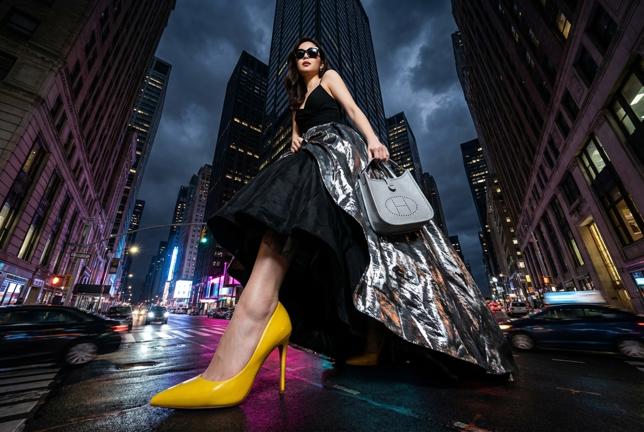 Transform the original photo into a dramatic, photorealistic, ultra wide-angle shot with an extreme camera angle (including views from directly below or above), where one or more body parts are right next to the lens and look huge, the rest of the body recedes in perspective, and the same person strikes a stylish, complex, powerful pose in a consistent, expanded version of the original environment. The woman in the photo is wearing yellow stilettos and a black and silver metallic ball gown and stylish black sunglasses.