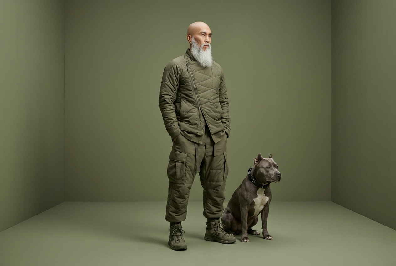 A full-body studio portrait of an elderly man with a bald head and a long, thick white beard, standing confidently beside a muscular grey pit bull dog. The man wears layered monochromatic olive-green tactical fashion: a quilted asymmetric jacket with mixed textures, loose padded cargo pants, and rugged military-style sneakers. His hands rest casually in his pockets as he gazes thoughtfully to the side, calm and powerful. The dog sits alert at his side, wearing a black studded collar, matching the strong, loyal aesthetic. Minimalist studio background in soft matte olive green, seamless floor and wall. Soft cinematic lighting with subtle shadows, high fashion editorial style, ultra-detailed fabric textures, muted earthy color palette, sharp focus, realistic skin tones, dramatic yet elegant mood, 8K resolution, professional fashion photography, Vogue editorial, modern urban warrior aesthetic.