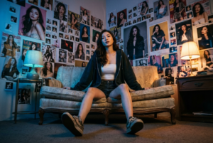 Ultra-realistic cinematic photograph, 9:16 vertical.
Use my uploaded female subject as the ONLY face reference — her face, bone structure, proportions, and identity must remain 100% accurate. She is sitting low and relaxed on a worn vintage couch inside a messy 90s-era bedroom, dripping with grunge attitude and self-confidence. The entire room tells a story of obsession — the walls are completely covered in posters, photos, magazine clippings, and polaroids of HER, all different versions of her: glam looks, grungy looks, party looks, soft looks, edgy looks, all chaotic and layered, taped and pinned unevenly like a shrine to herself. Wardrobe: She wears an oversized, slouchy dark hoodie left open, revealing a white tube top underneath. The outfit is provocative but raw — lots of exposed skin at the waist, collarbones, shoulders, and legs. The vibe is unapologetically sexy, rebellious, and confident. Bare legs or very short bottoms, worn sneakers or socks, very lived-in 90s styling.
Hair & makeup: Hair is messy, slightly undone, effortlessly sexy. Makeup is grungy-glam — smoky eyes, dark liner, slightly smudged, natural but seductive skin texture. No over-polish.
Pose & expression:
She sits back into the couch with dominant, careless confidence — legs apart or casually stretched, shoulders relaxed. Her expression is sultry, knowing, and powerful, like she’s fully aware the entire room revolves around her. She looks down toward the camera, owning the frame.
Camera & composition:
The camera is placed very low on the floor, angled sharply upward toward her, creating dramatic depth perception. Her legs and body feel larger in the foreground, her face looming above, while the poster-covered walls stretch upward behind her, creating a warped, immersive perspective. Slight wide-angle distortion for intensity. Lighting: Moody, low-light bedroom lighting — a mix of cool blue tones and dirty warm highlights. Neon or lamp glow spills across the posters. Shadows fall unevenly across the room, adding grit and texture. Film grain, subtle motion blur energy, raw 90s music-video atmosphere. Overall vibe: Sexy, grungy, chaotic, self-obsessed