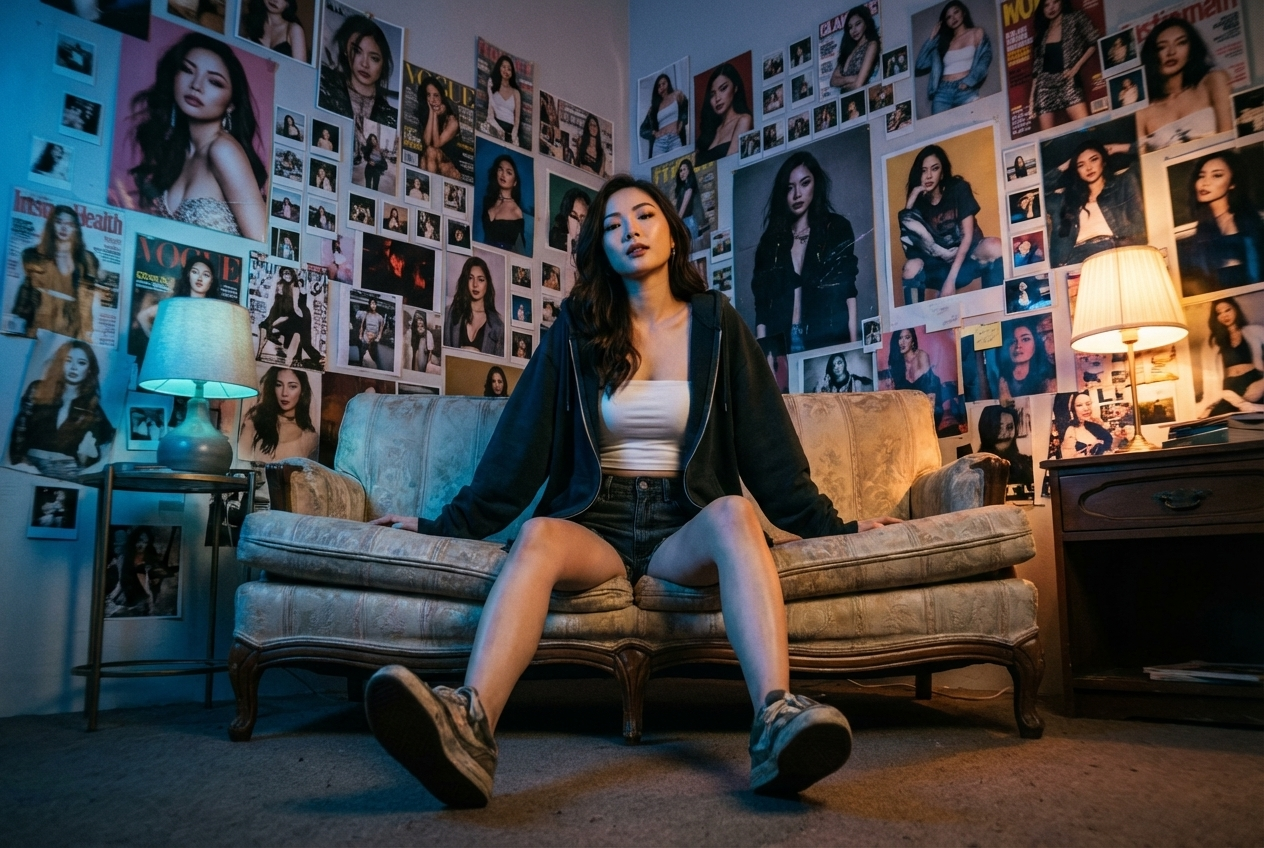 Ultra-realistic cinematic photograph, 9:16 vertical.
Use my uploaded female subject as the ONLY face reference — her face, bone structure, proportions, and identity must remain 100% accurate. She is sitting low and relaxed on a worn vintage couch inside a messy 90s-era bedroom, dripping with grunge attitude and self-confidence. The entire room tells a story of obsession — the walls are completely covered in posters, photos, magazine clippings, and polaroids of HER, all different versions of her: glam looks, grungy looks, party looks, soft looks, edgy looks, all chaotic and layered, taped and pinned unevenly like a shrine to herself. Wardrobe: She wears an oversized, slouchy dark hoodie left open, revealing a white tube top underneath. The outfit is provocative but raw — lots of exposed skin at the waist, collarbones, shoulders, and legs. The vibe is unapologetically sexy, rebellious, and confident. Bare legs or very short bottoms, worn sneakers or socks, very lived-in 90s styling.
Hair & makeup: Hair is messy, slightly undone, effortlessly sexy. Makeup is grungy-glam — smoky eyes, dark liner, slightly smudged, natural but seductive skin texture. No over-polish.
Pose & expression:
She sits back into the couch with dominant, careless confidence — legs apart or casually stretched, shoulders relaxed. Her expression is sultry, knowing, and powerful, like she’s fully aware the entire room revolves around her. She looks down toward the camera, owning the frame.
Camera & composition:
The camera is placed very low on the floor, angled sharply upward toward her, creating dramatic depth perception. Her legs and body feel larger in the foreground, her face looming above, while the poster-covered walls stretch upward behind her, creating a warped, immersive perspective. Slight wide-angle distortion for intensity. Lighting: Moody, low-light bedroom lighting — a mix of cool blue tones and dirty warm highlights. Neon or lamp glow spills across the posters. Shadows fall unevenly across the room, adding grit and texture. Film grain, subtle motion blur energy, raw 90s music-video atmosphere. Overall vibe: Sexy, grungy, chaotic, self-obsessed