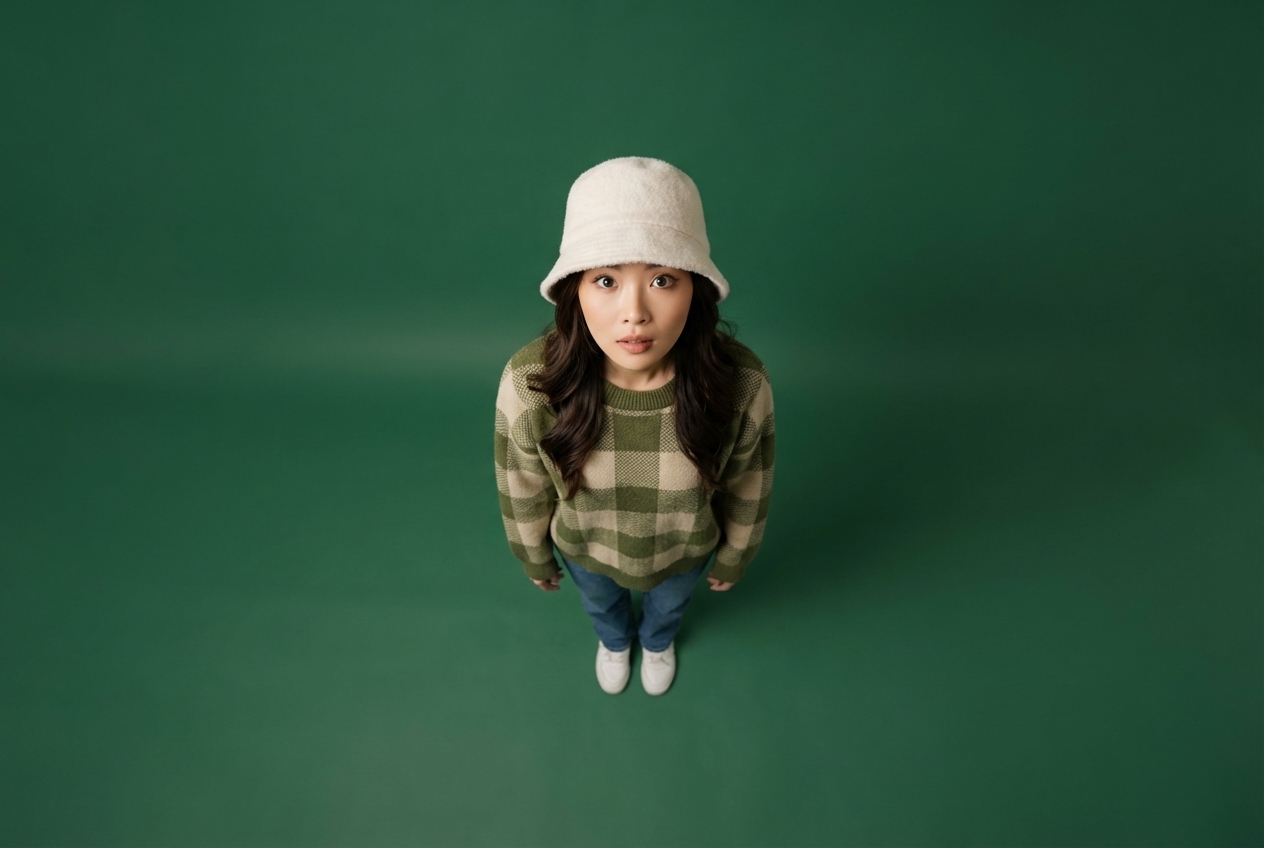 A cinematic top-down portrait of a young woman standing on a solid deep green floor, captured from an extreme overhead angle. She looks up directly at the camera with wide, expressive eyes, creating an intimate and slightly surreal mood. She wears a soft white bucket hat, a cozy oversized green-and-beige checkered sweater, blue jeans, and white sneakers. Minimalist composition with vast negative space surrounding her, emphasizing isolation and calm. Soft diffused studio lighting, natural skin tones, subtle shadows, clean color grading with earthy greens, editorial fashion photography style, ultra-sharp focus, high resolution, modern aesthetic, cinematic framing, shot on a professional DSLR, shallow depth of field, Instagram poster vibe
