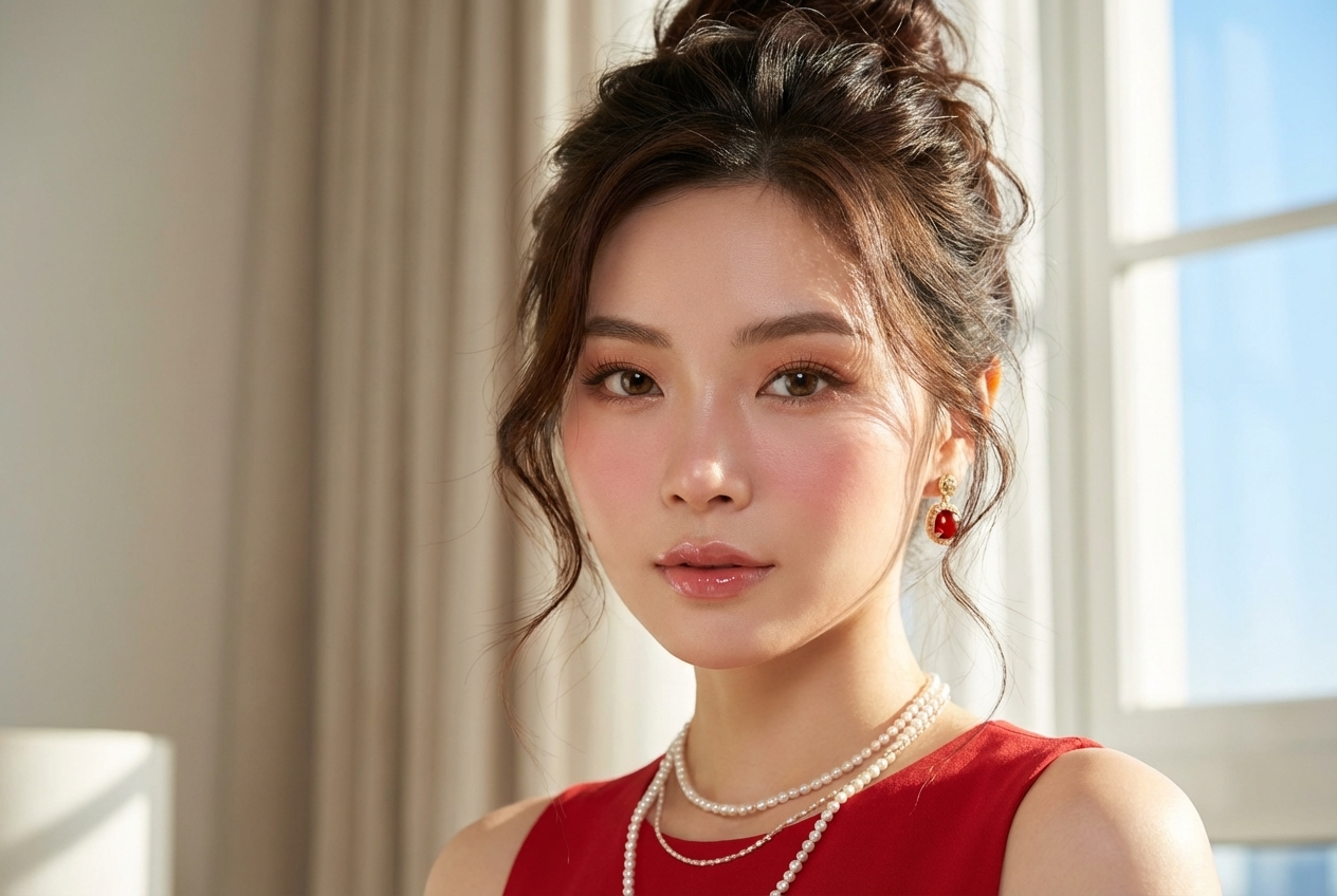 ultra-sharp close-up portrait of a woman [image uploaded] with soft, fair, luminous skin, natural rosy blush across her cheeks and nose. she has large, expressive brown eyes with subtle warm eyeshadow, soft eyeliner, and long defined lashes. her lips are glossy with a natural pink tint. her dark brown hair is styled in a voluminous messy updo with loose, wispy tendrils framing her face, creating a soft, youthful look. lighting is bright, warm, and natural, coming from the side window, casting gentle highlights on her skin and hair. she wears a red sleeveless top, layered delicate pearl necklaces, and a single visible red earring with gold detailing. background features a softly lit indoor space with curtains and a window showing blue sky, creating a fresh, airy mood. overall aesthetic is modern beauty photography with clean color tones, perfect skin texture, and high-end editorial styling. negative prompt: distorted face, unnatural freckles, incorrect hair texture, uneven lighting, heavy makeup, washed-out colors, low resolution, cluttered background, incorrect accessories, over-retouching, harsh shadows.