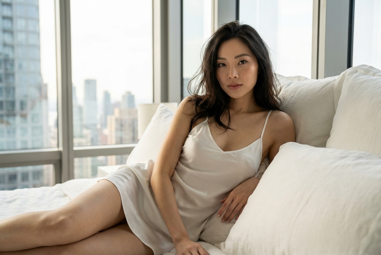 Ultra-realistic editorial portrait. Face identity locked, adult (25+), natural anatomy, blonde hair unchanged. Subject just waking up, reclining/semi-upright in an ultra-luxury penthouse bedroom with premium white linens and floor-to-ceiling windows.
Wearing a very short white satin slip lightweight, fluid, subtle daylight translucency. Calm, freshly awakened expression, eyes softly focused at camera. Relaxed, natural posture.
Early-morning natural light, warm-neutral editorial grading.
Ultra-real skin texture, slightly tousled hair, high-fidelity satin physics.
Camera: RAW 32K, DSLR, 50–85mm f1.8, shallow DOF, sharp face focus.
No CGI, no filters, no nudity, no identity drift, no fantasy.