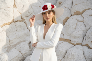 The same person, the same face, unaltered features. An almost hyperrealistic image with sharp detail, a stylish photograph captures a model standing against a backdrop of pristine white volcanic rocks. The stones are expertly arranged, revealing natural cracks in the beige hue. In a medium-length shot, the balance of luxury and meticulous attention to detail is striking. She wears a carefully tailored white suit: a jacket with a structured fabric, high shoulders, and precise waist trim, a deep V-neck that elegantly reveals the neckline without being contrived, and matching skirts that maintain clean lines and lend the look a classic, understated elegance. The head is covered by a wide-brimmed white straw hat, its high angle pointing forward and adorned with a bouquet of red and white roses resting on the front brim, adding a touch of drama and romance. Green eyes, professional makeup, full lips, and long, sleek blonde hair cascading over her shoulders. Her right hand lifts the brim of the hat as if adjusting it, while her left hand crosses her chest in a confident pose that reflects a strong feminine presence. The fabric's lines and texture are carefully highlighted with a long, graceful touch of movement. The fabric details are delicate and soft, with subtle ripples and hidden seams that enhance the sense of high craftsmanship. Soft lighting from the left creates a long shadow on the wall, giving the image depth and body without compromising the purity of the white. Shades of white blend with a touch of warm gray, and the red roses stand out as a focal point, adding warmth and visual dimension. The stone background creates a calming effect, allowing the fine details of the hat, suit, and roses to stand out. White volcanic stones. Natural fissures. Keywords: Luxury, High Fashion, Studio Photography, High Definition, Photographic Realism, Blonde Hair, Green Eyes, Professional Makeup, Cinematic Look, Color Balance. Negative Prompt: Blurry, Low Quality, Deformed Hands, Ugly, Plastic Look, Watermark, Oversaturated, Underexposed, Noise, Grain, Artifacts, Cropped, Halo, Glow