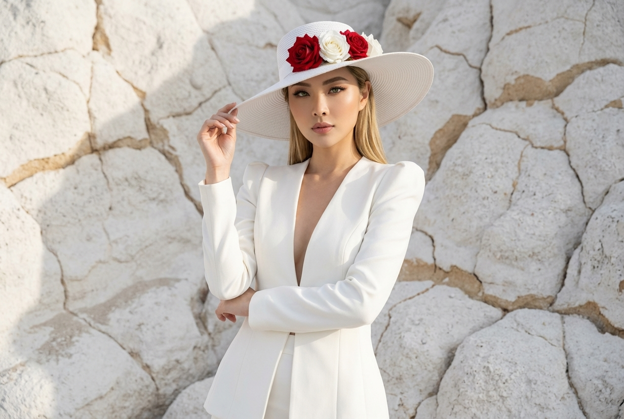 The same person, the same face, unaltered features. An almost hyperrealistic image with sharp detail, a stylish photograph captures a model standing against a backdrop of pristine white volcanic rocks. The stones are expertly arranged, revealing natural cracks in the beige hue. In a medium-length shot, the balance of luxury and meticulous attention to detail is striking. She wears a carefully tailored white suit: a jacket with a structured fabric, high shoulders, and precise waist trim, a deep V-neck that elegantly reveals the neckline without being contrived, and matching skirts that maintain clean lines and lend the look a classic, understated elegance. The head is covered by a wide-brimmed white straw hat, its high angle pointing forward and adorned with a bouquet of red and white roses resting on the front brim, adding a touch of drama and romance. Green eyes, professional makeup, full lips, and long, sleek blonde hair cascading over her shoulders. Her right hand lifts the brim of the hat as if adjusting it, while her left hand crosses her chest in a confident pose that reflects a strong feminine presence. The fabric's lines and texture are carefully highlighted with a long, graceful touch of movement. The fabric details are delicate and soft, with subtle ripples and hidden seams that enhance the sense of high craftsmanship. Soft lighting from the left creates a long shadow on the wall, giving the image depth and body without compromising the purity of the white. Shades of white blend with a touch of warm gray, and the red roses stand out as a focal point, adding warmth and visual dimension. The stone background creates a calming effect, allowing the fine details of the hat, suit, and roses to stand out. White volcanic stones. Natural fissures. Keywords: Luxury, High Fashion, Studio Photography, High Definition, Photographic Realism, Blonde Hair, Green Eyes, Professional Makeup, Cinematic Look, Color Balance. Negative Prompt: Blurry, Low Quality, Deformed Hands, Ugly, Plastic Look, Watermark, Oversaturated, Underexposed, Noise, Grain, Artifacts, Cropped, Halo, Glow