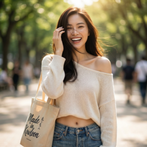 攝影主題：暖陽下的清新隨興肖像
人物與神態： 一位擁有烏黑長髮的年輕女性，左手輕扶髮絲，髮絲隨風輕拂臉龐。她展現燦爛自信的笑容，露出潔白牙齒，眼神明亮，散發青春活力的感染力，動作俏皮可愛。
服裝細節： 
上衣： 米白色寬鬆針織毛衣，材質柔軟。右肩自然滑落（露肩設計），展現優美的鎖骨線條；短版剪裁露出平坦腹部與肚臍。
下裝： 復古洗色藍色牛仔褲，細節可見鈕扣與部分拉鍊。
配飾： 左肩背著米色帆布環保袋，袋面上印有「Made in Kowloon」等深色文藝感字樣。
場景與構圖： 戶外環境（如公園或林蔭道），背景呈現柔焦效果，可見模糊的綠意樹葉與遠處人影。主體居中，背景的虛化使人物極致突出。
光線與氛圍： 採用自然光攝影，陽光從右上方灑落，於頭髮、肩膀與衣物纖維上形成鮮明的光影對比。整體呈現溫暖的米、藍、綠色調，畫質達 4K 寫實等級，光影層次豐富，營造出輕鬆愉悅的高級攝影感